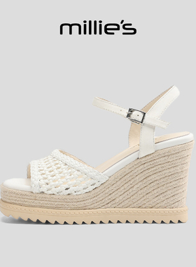 MILLIE'S/妙丽方头网状镂空拼接日常配裙通勤百搭时装休闲凉鞋女