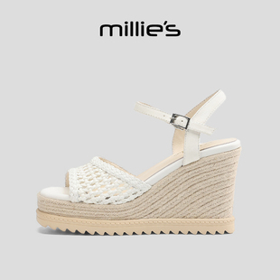 MILLIE'S/妙丽方头网状镂空拼接日常配裙通勤百搭时装休闲凉鞋女