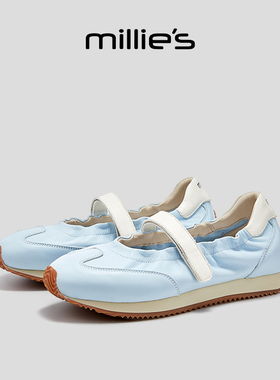 MILLIE'S/妙丽圆头平底蓝色清新配色日常通勤学院风时尚玛丽珍鞋