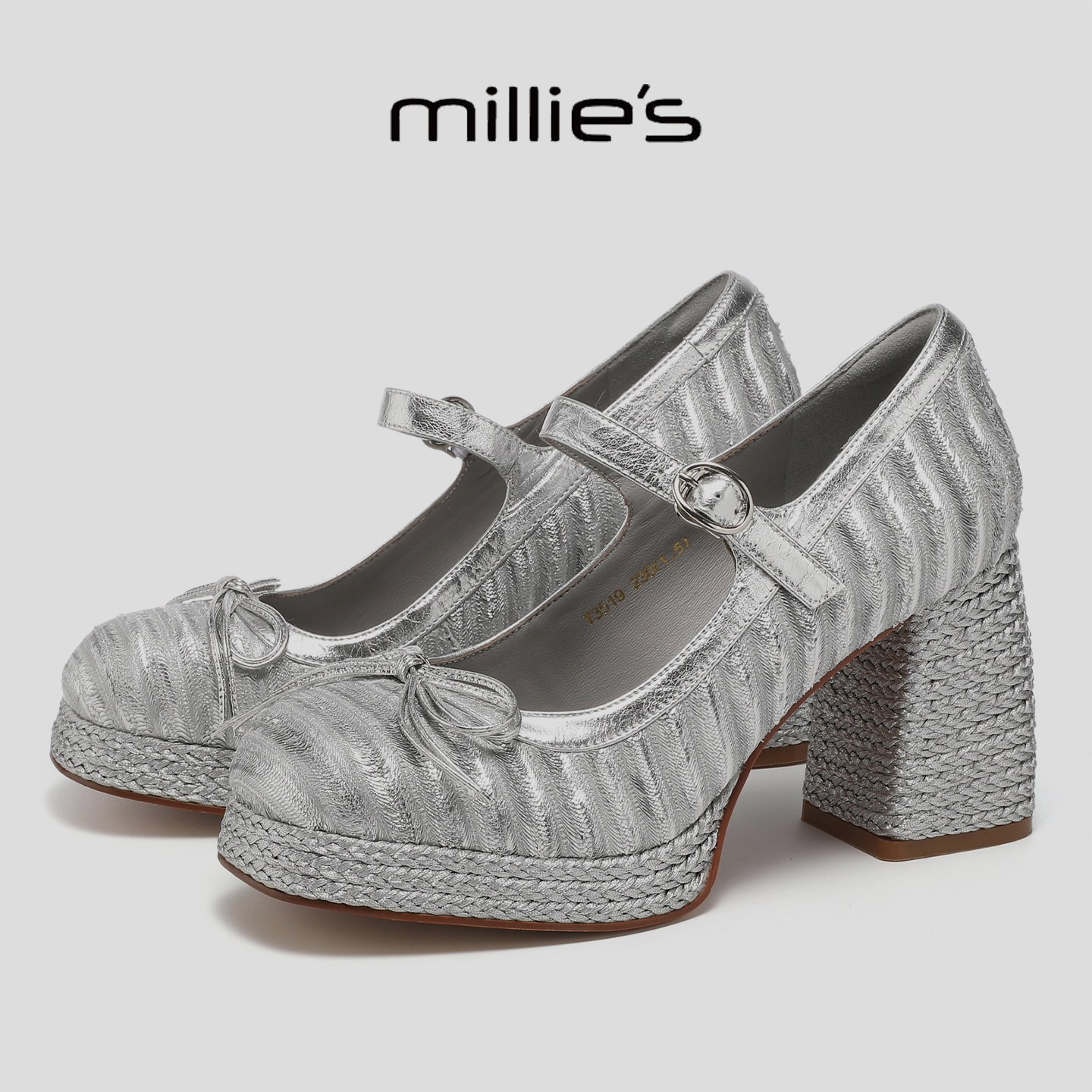 MILLIE'S/妙丽银色粗跟玛丽珍鞋女厚底一字扣高跟鞋防水台单鞋