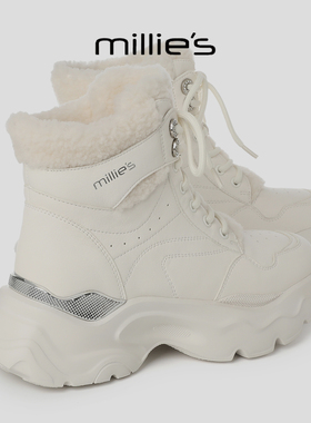 MILLIE'S/妙丽2025新款英伦风爆款马丁靴加绒保暖防滑白色雪地靴