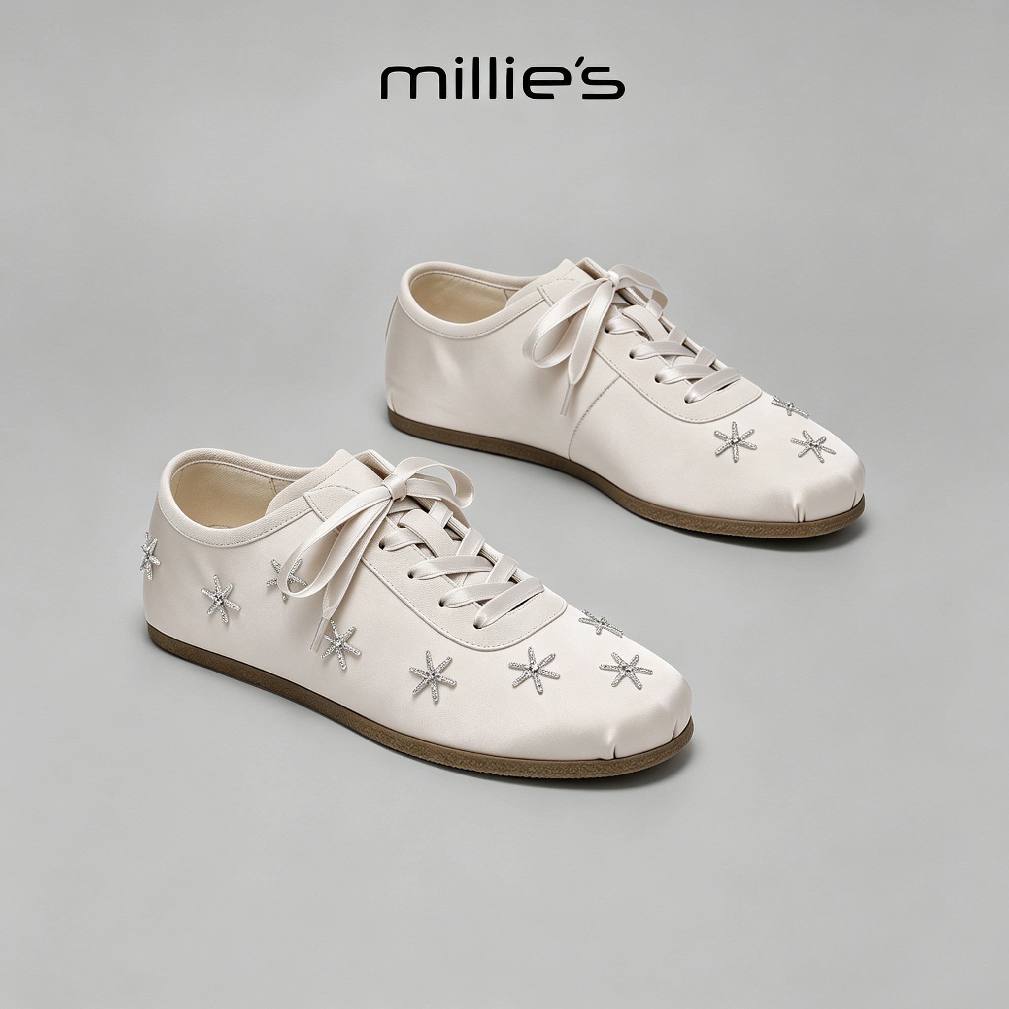 MILLIE'S/妙丽星星刺绣通勤德训鞋女米白系带休闲运动鞋百搭板鞋