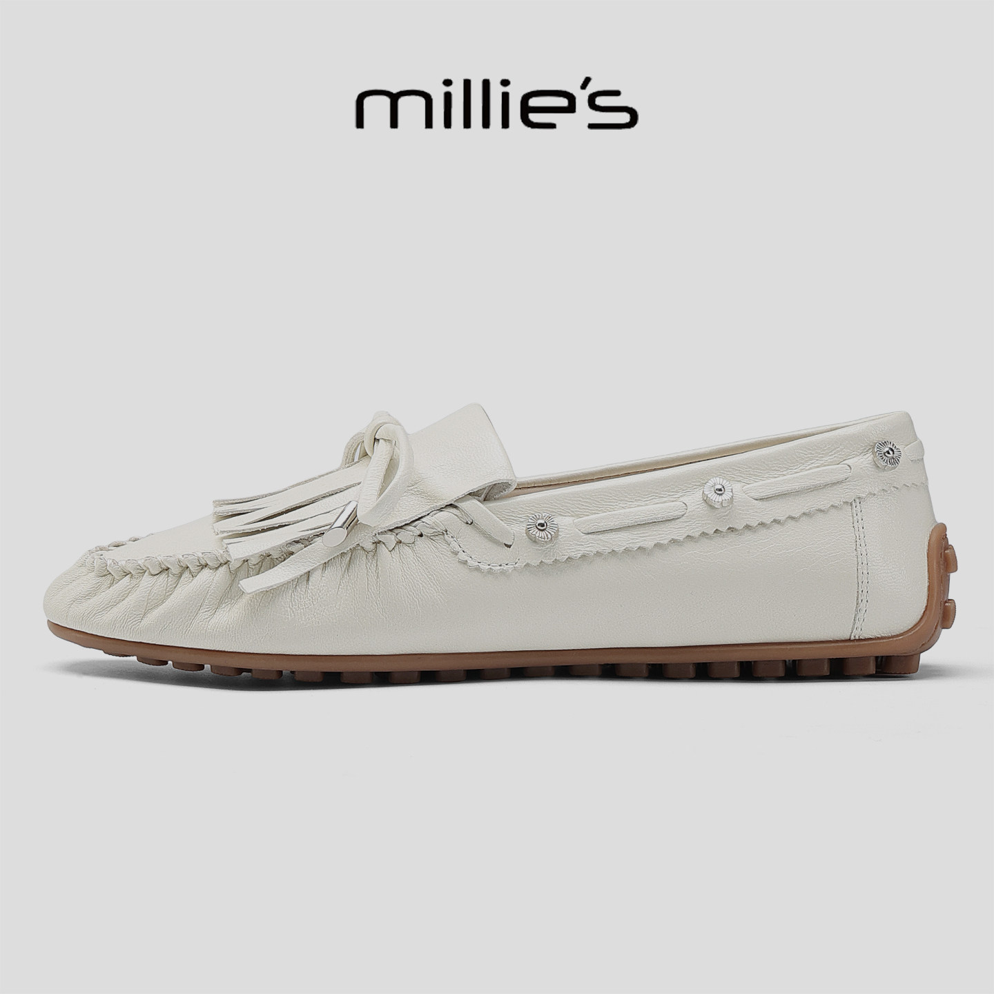 MILLIE'S/妙丽2026真皮流苏乐福鞋女平底一脚蹬豆豆鞋舒适软底