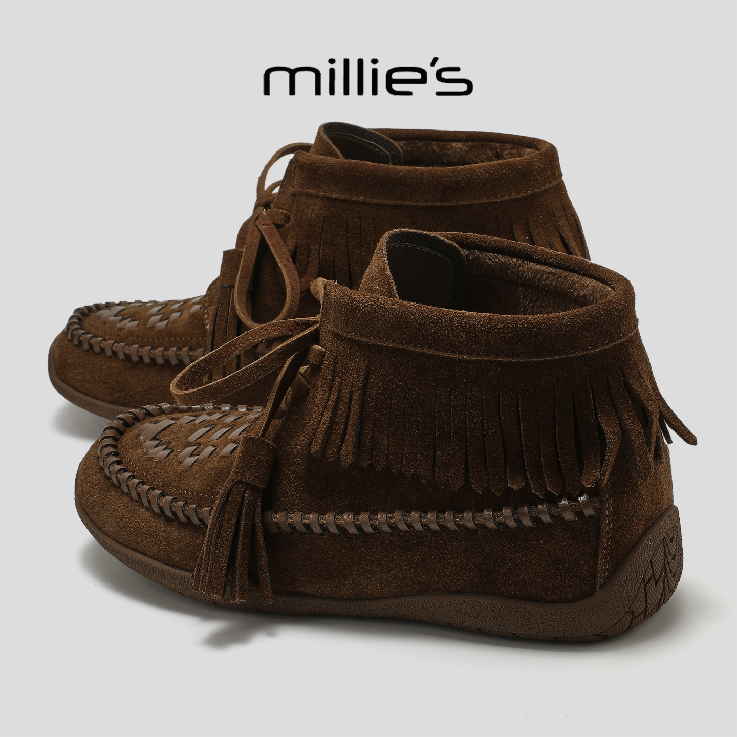 MILLIE'S/妙丽2025新款欧美风设计感流苏羊皮加绒保暖增高马丁靴