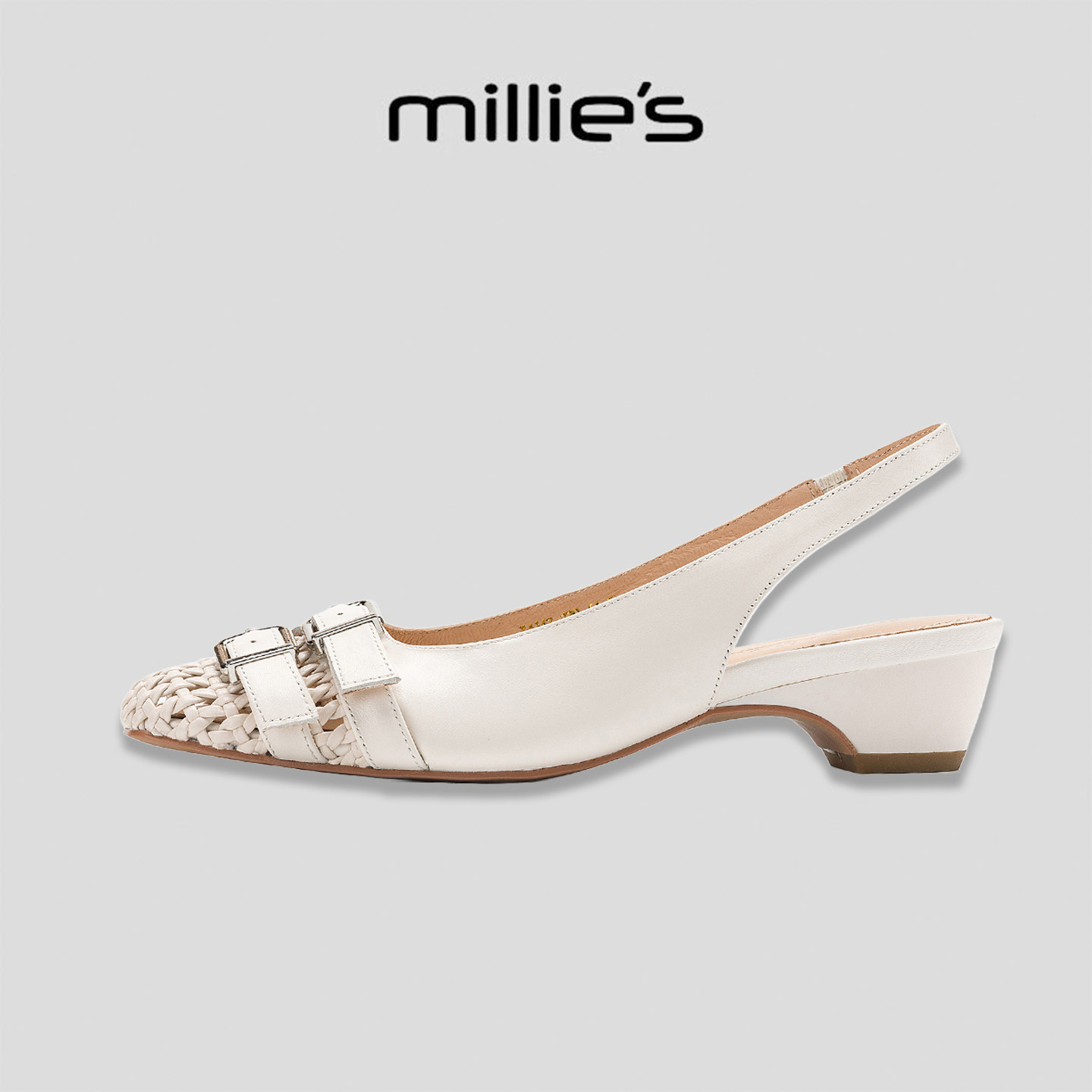 MILLIE'S/妙丽法式编织蝴蝶结尖头包头凉鞋女夏粗跟休闲后空一脚G