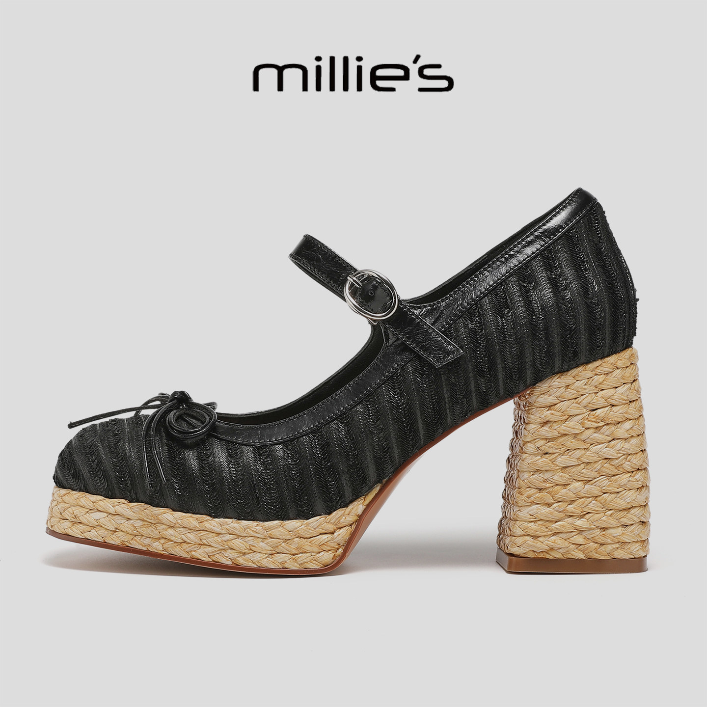 MILLIE'S/妙丽巨好看爆款黑色编织玛丽珍鞋女法式复古粗跟高跟鞋