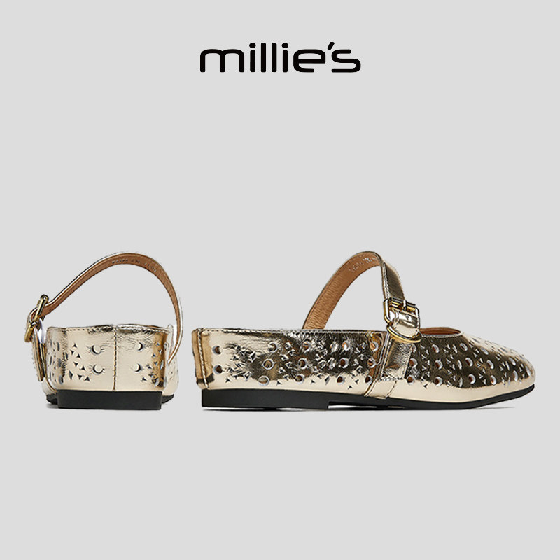 MILLIE'S/妙丽圆头平底复古精致优雅气质日常通勤时尚休闲凉鞋