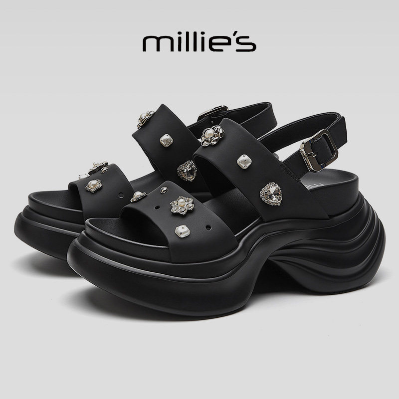 MILLIE'S/妙丽圆头粗跟时尚百搭舒适透气不累脚休闲凉鞋女鞋
