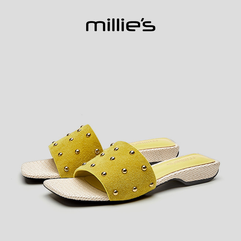 MILLIE'S/妙丽小方头平底一脚蹬法式温柔风独特小众设计感凉鞋女