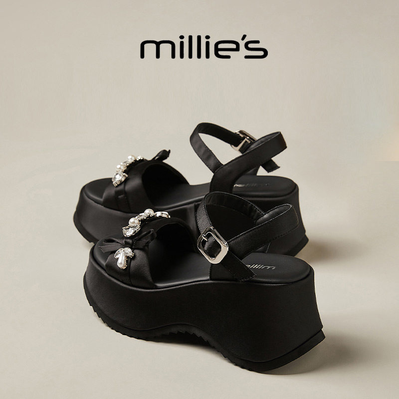 MILLIES/潮流露趾厚底一字扣带水钻蝴蝶结时尚百搭休闲罗马凉鞋女