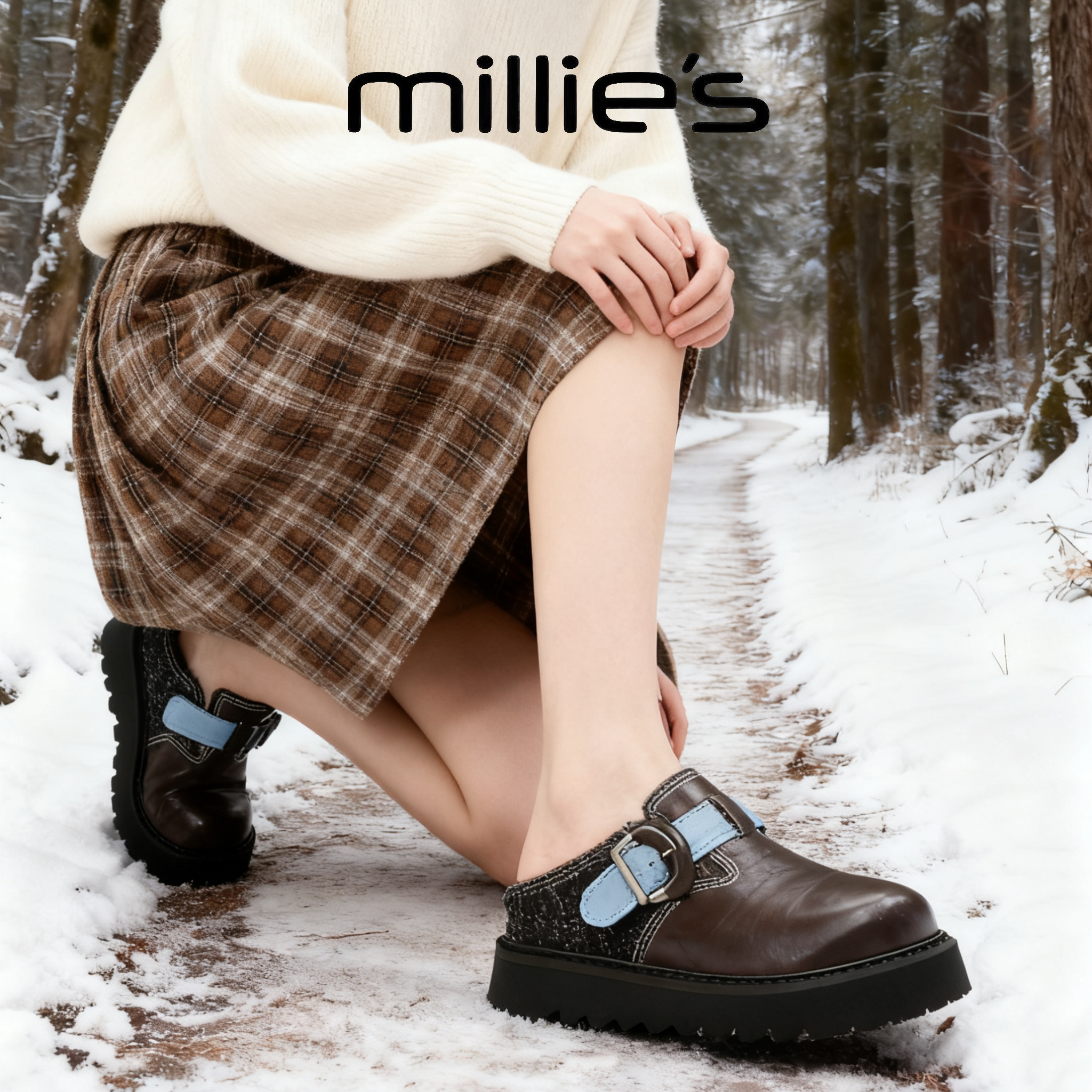 MILLIE'S/妙丽冬天勃肯鞋厚底包头拖鞋外穿双扣带加绒保暖厚跟鞋