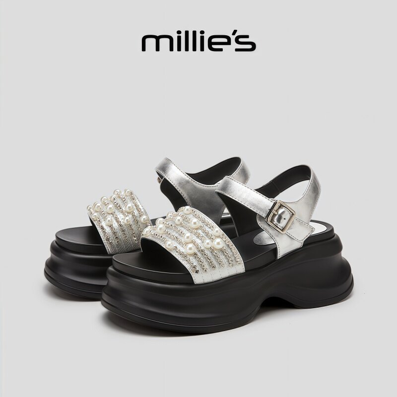 MILLIE'S/妙丽银色珍珠装饰厚底凉鞋女夏松糕底增高露趾罗马鞋