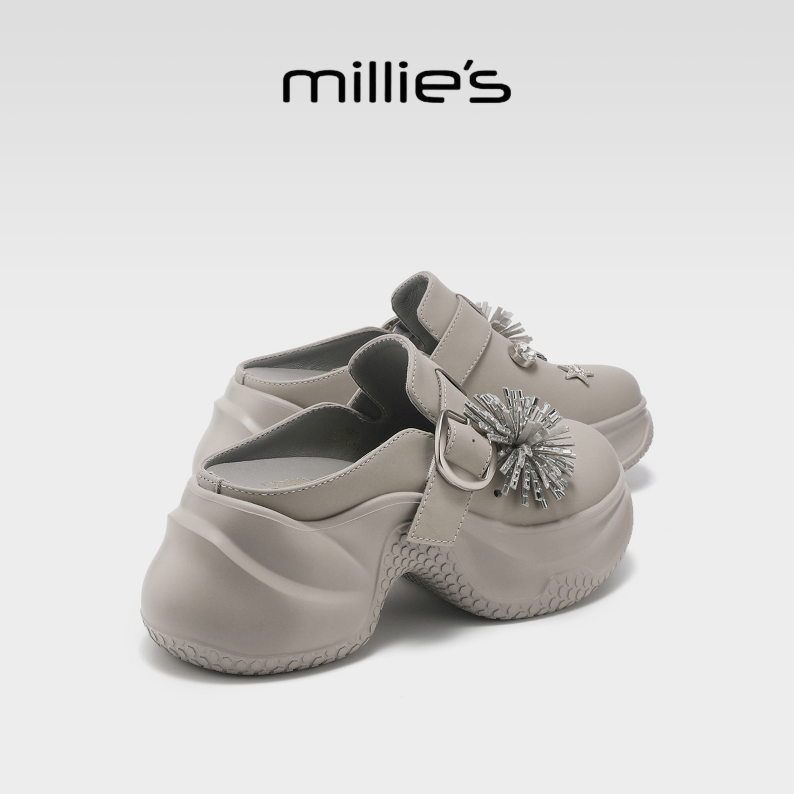 MILLIE'S/妙丽真皮水钻厚底包头拖女夏新款小个子增高懒人半包拖G - 实物图
