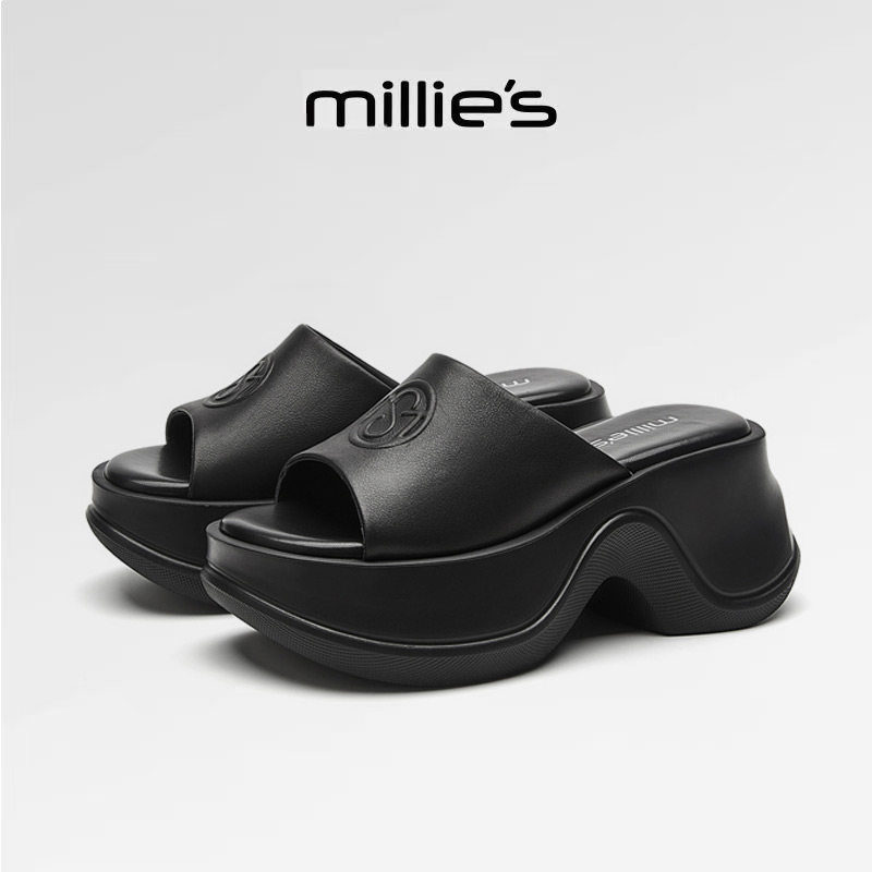 MILLIE'S/妙丽厚底一字拖鞋女黑色增高小个子时尚百搭休闲凉鞋