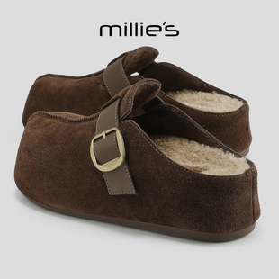 MILLIE'S/妙丽新款休闲百搭加绒包头拖鞋厚底内增高博肯半包拖鞋