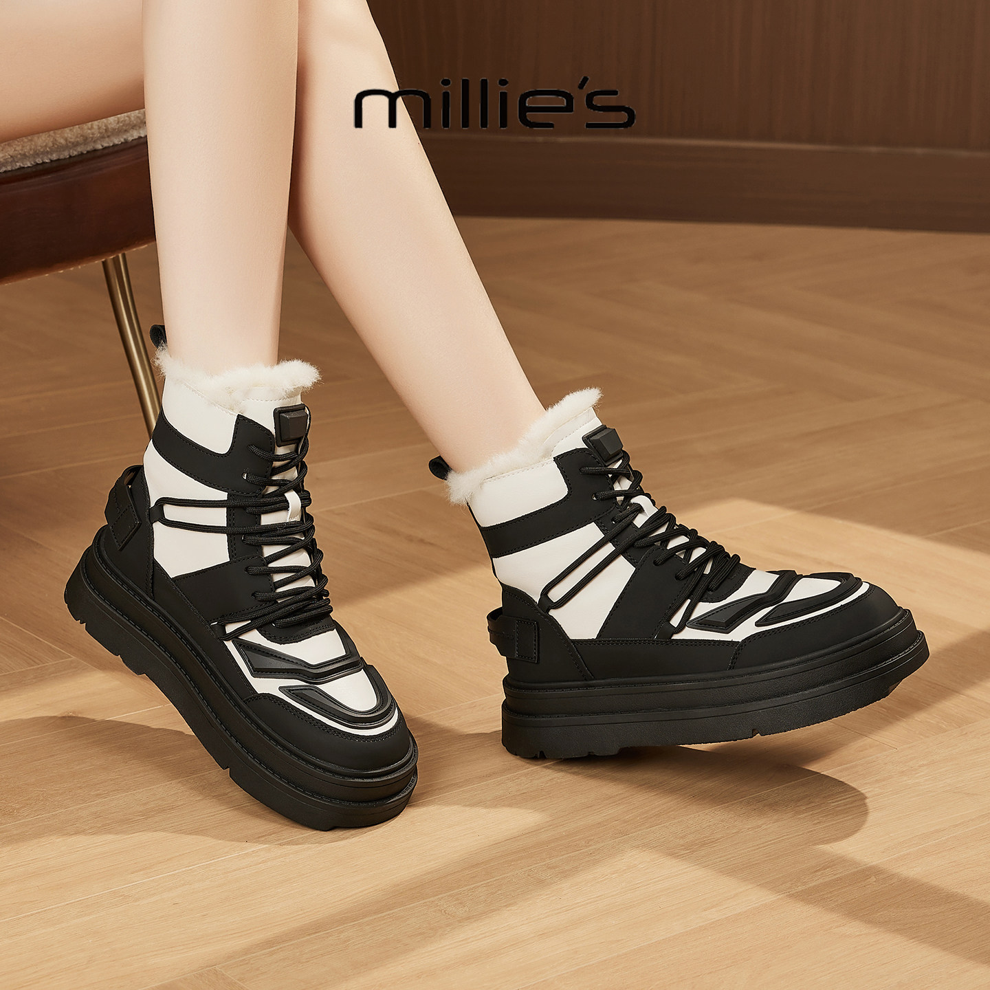 MILLIE'S/妙丽厚底雪地靴女冬季新款高帮户外短靴羊毛加绒大棉鞋