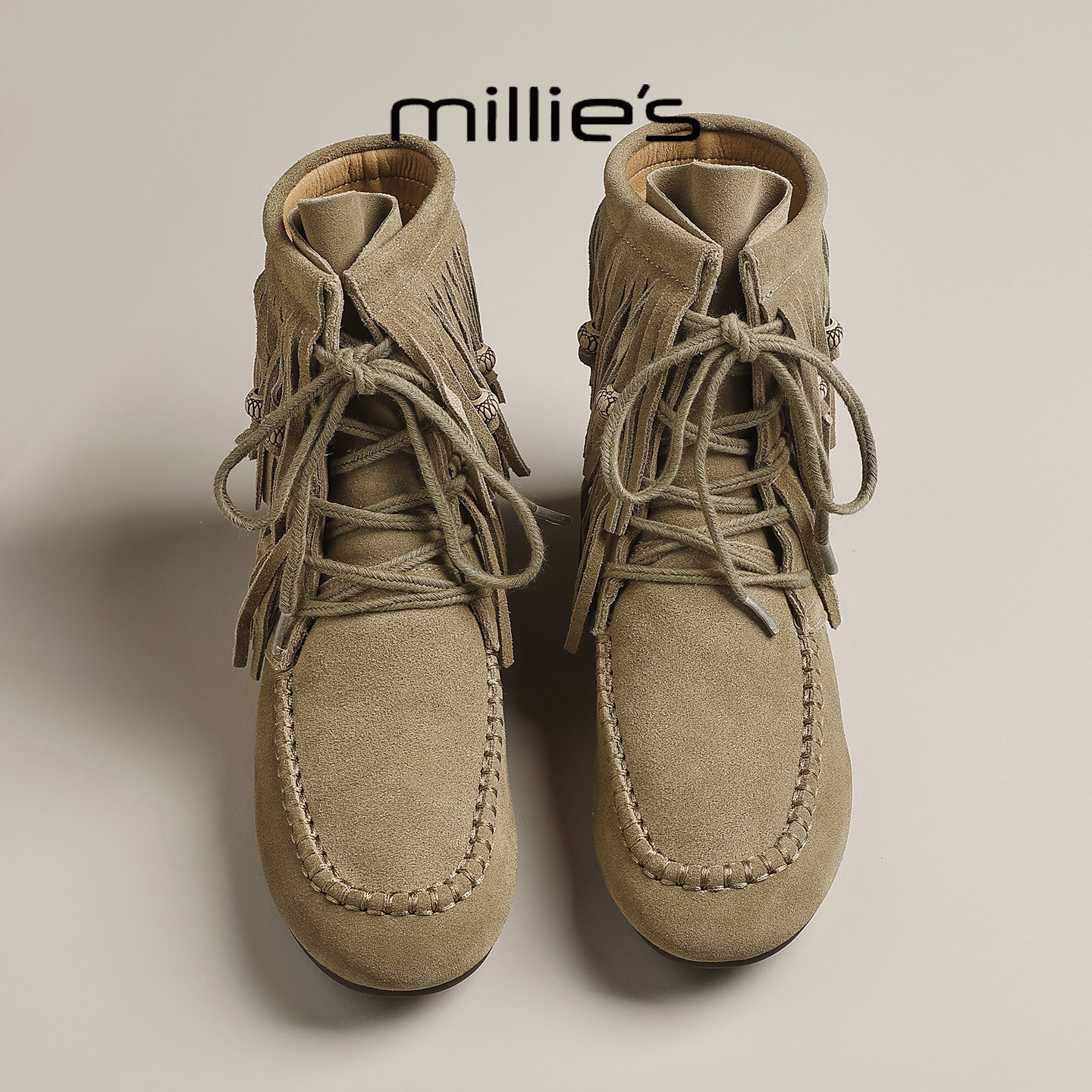 MILLIE'S/妙丽新款欧美风流苏设计感真皮加绒保暖厚底高级女靴