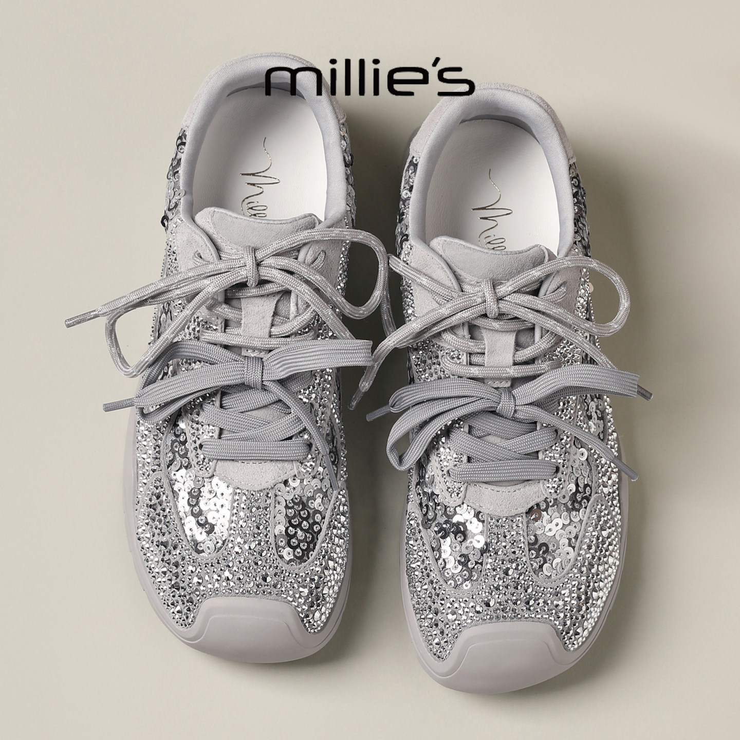 MILLIE'S/妙丽银色亮片厚底德训鞋女休闲运动鞋百搭透气老爹鞋G