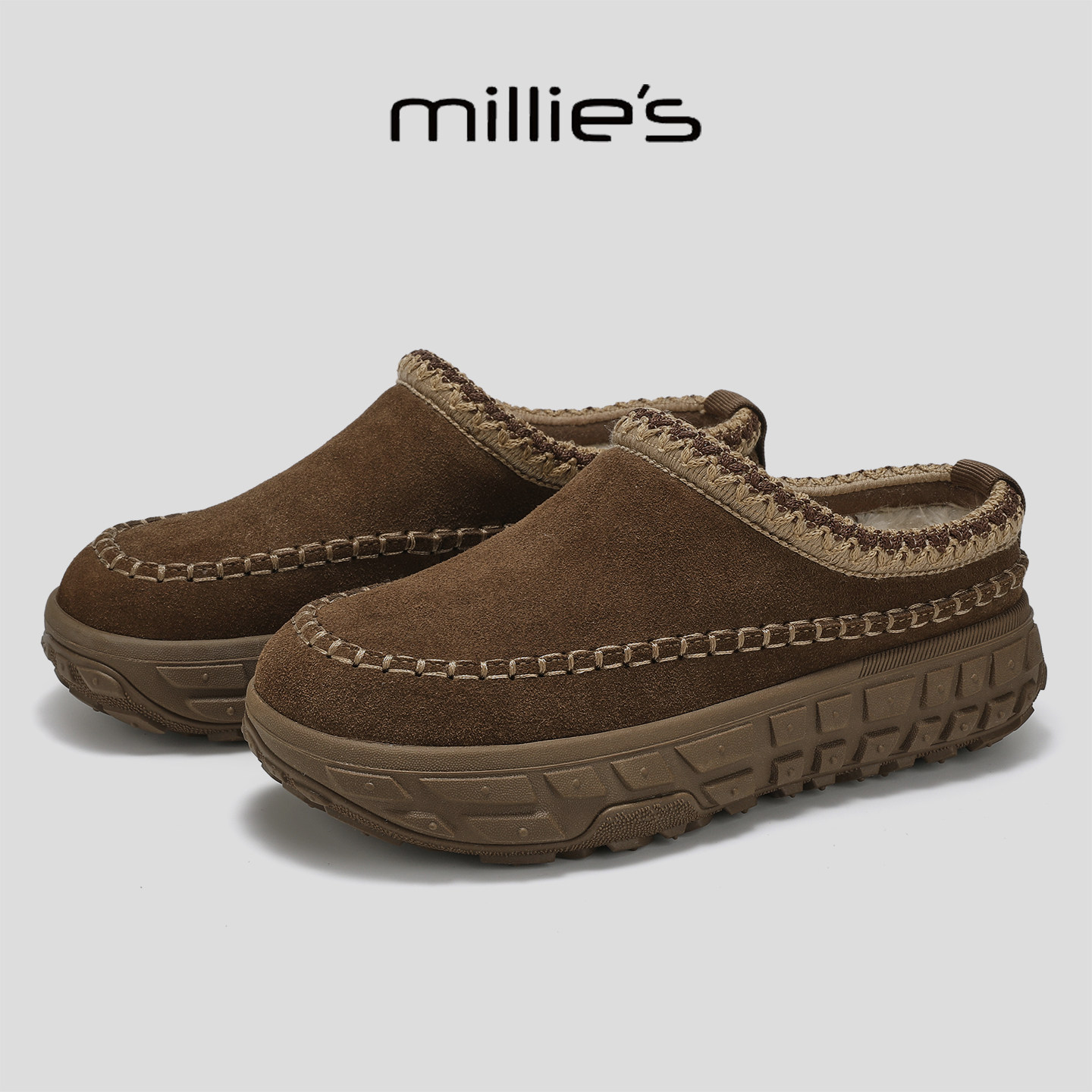 MILLIE'S/妙丽反绒皮毛毛鞋包头拖鞋厚底保暖舒适女鞋半包懒人鞋,女鞋,毛毛鞋,淘宝优惠券,粉丝福利购,淘宝优惠卷