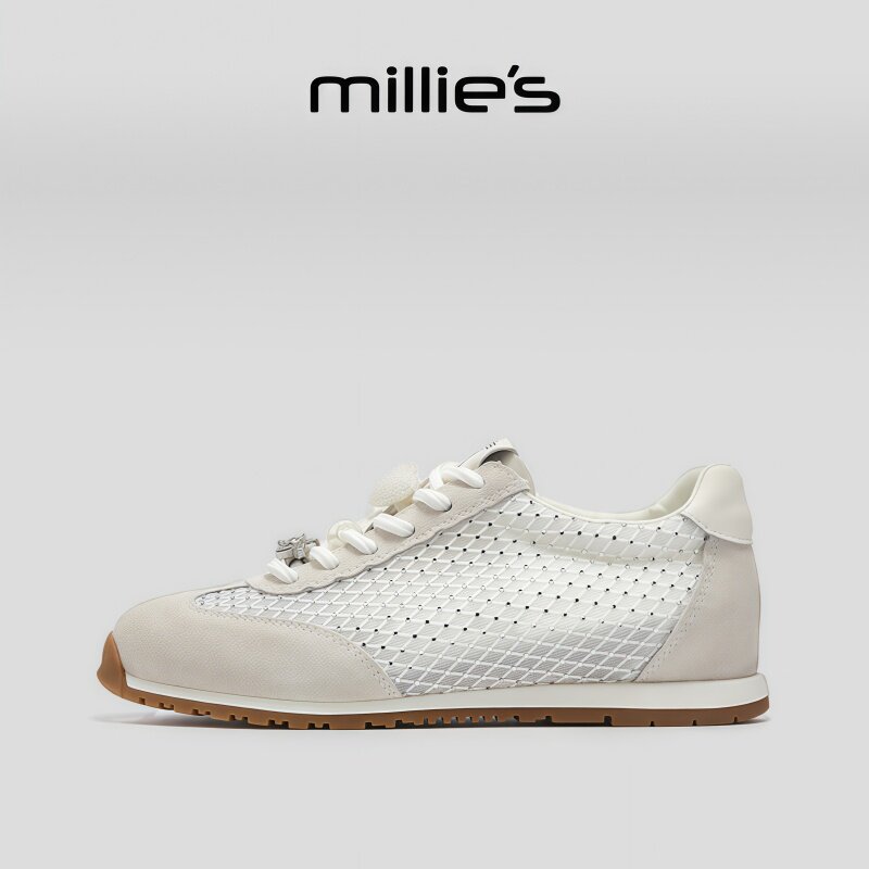 MILLIE'S/妙丽圆头平底韩版时髦个性网状拼接设计感时尚休闲板鞋