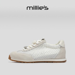 MILLIE'S/妙丽圆头平底韩版时髦个性网状拼接设计感时尚休闲板鞋