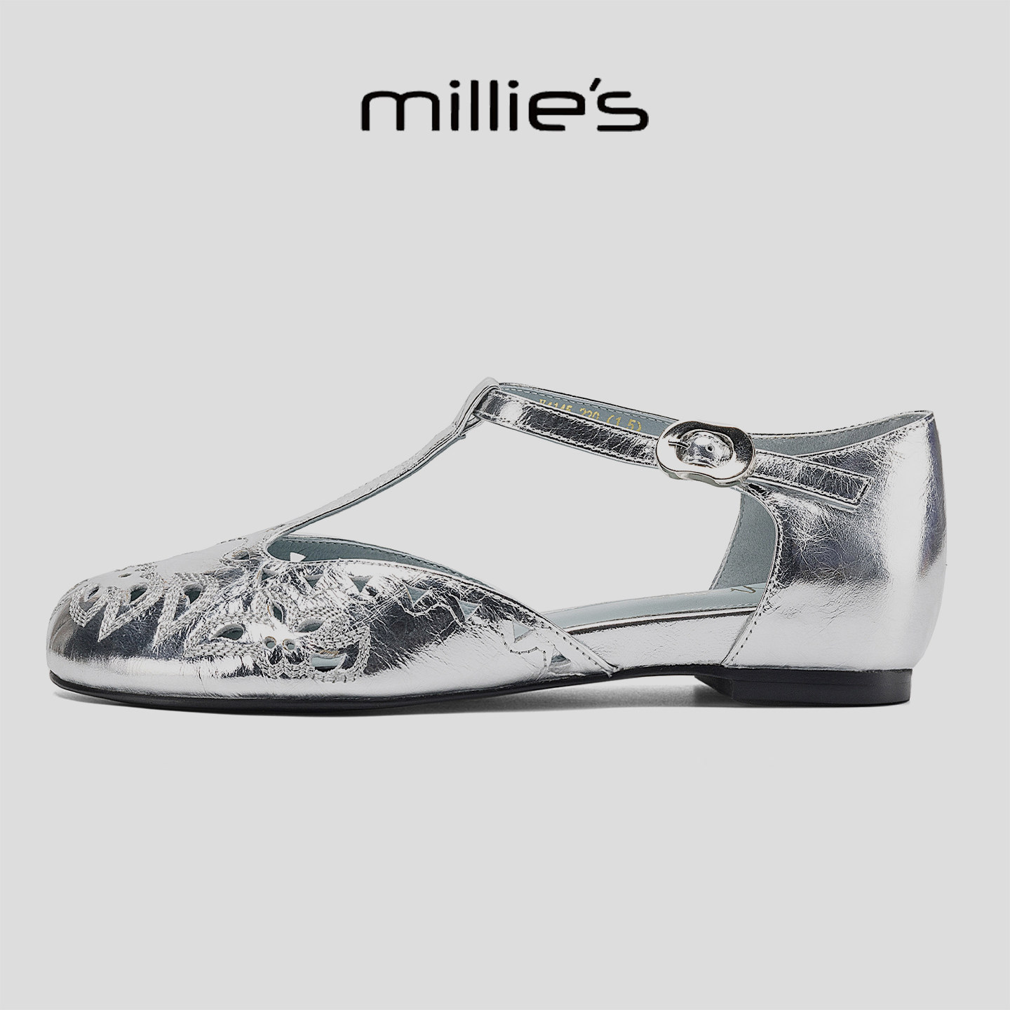 MILLIE'S/妙丽银色镂空平底玛丽珍鞋女一字带扣凉鞋法式优雅透气