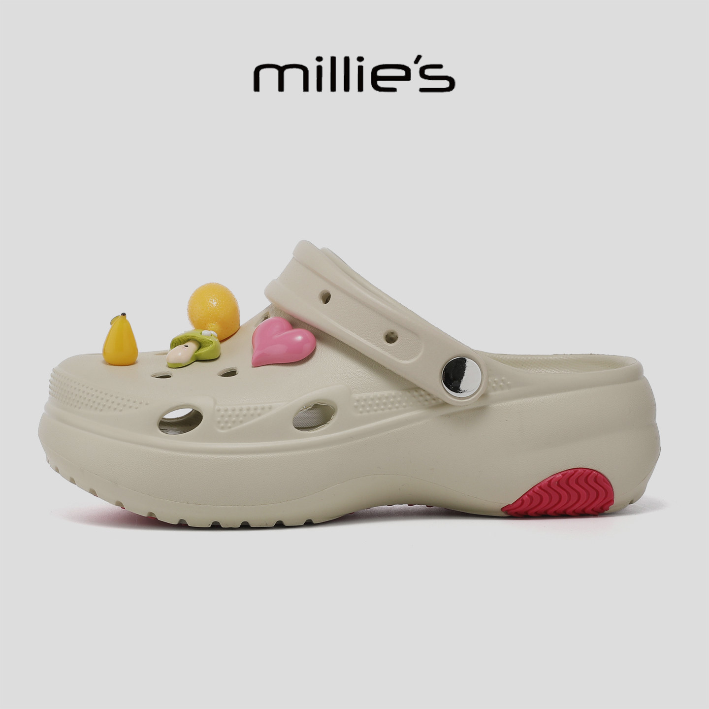 MILLIE'S/妙丽2026超火厚底洞洞鞋女装饰扣防滑透气花园风凉拖鞋