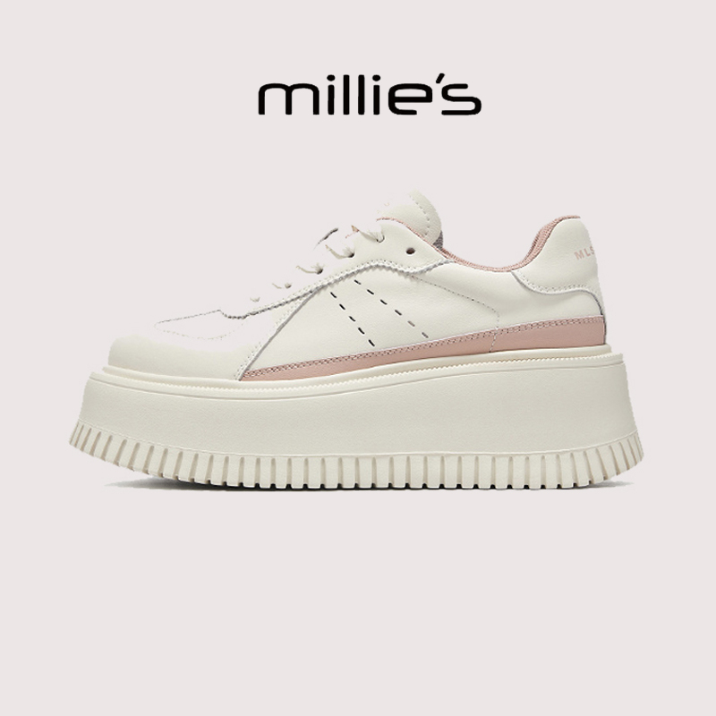 MILLIE'S/妙丽圆头松糕底韩版轻奢简约经典款通勤休闲小白鞋冬季