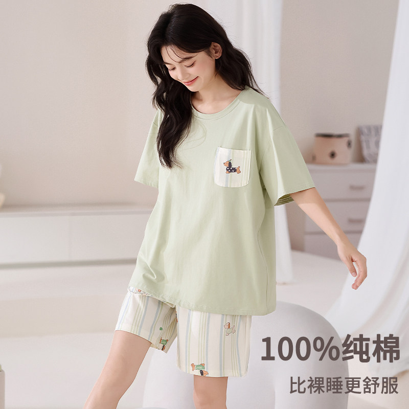 可爱睡衣女纯棉夏季薄款短袖短裤图片