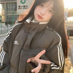 黑色三条杠羽绒棉服女大童秋冬初中高中学生oversize棉衣棉袄外套