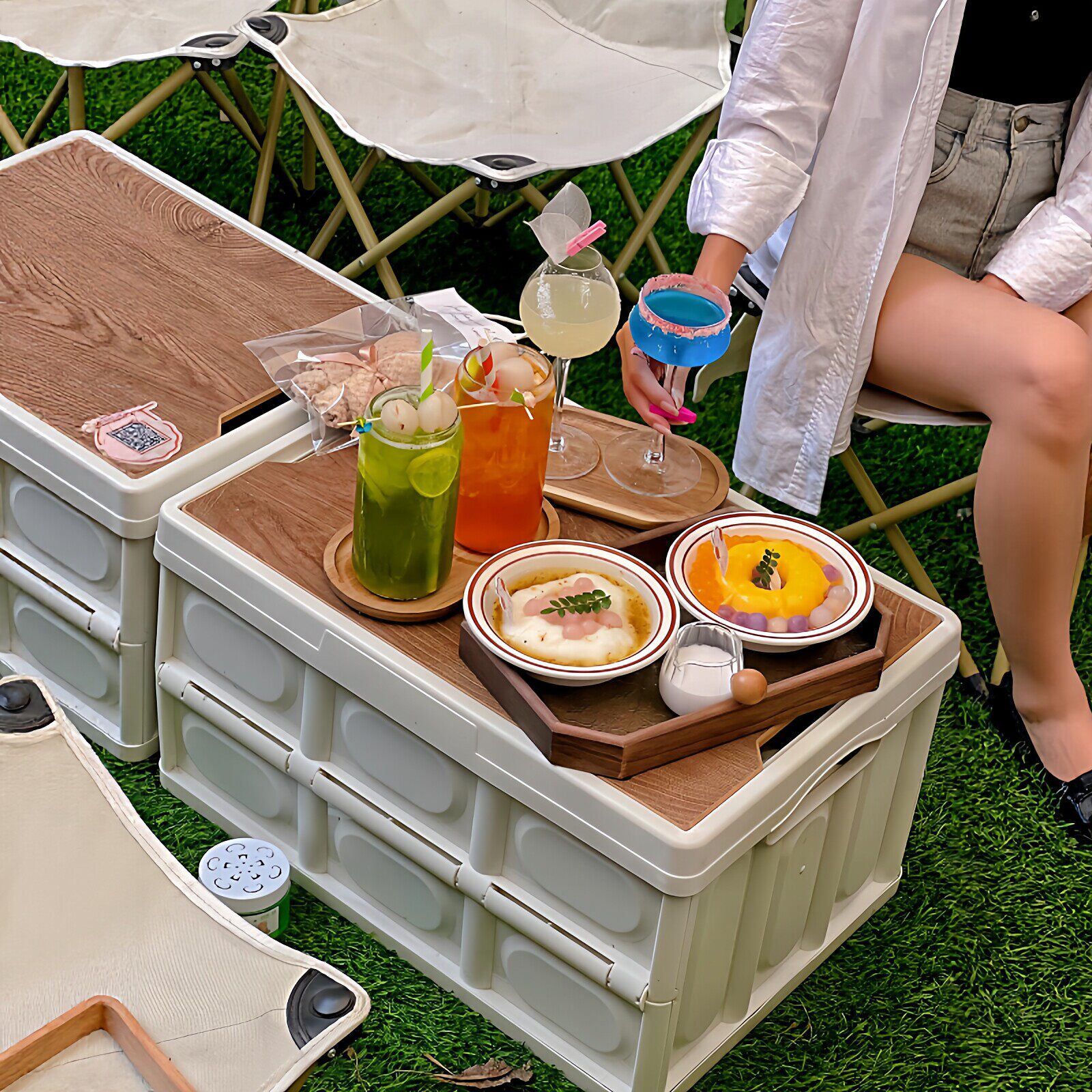【一箱两用】野餐折叠收纳箱手提篮露营饮茶小桌零食储存箱后备箱