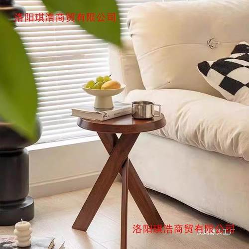 黑色实木小茶边几沙发厅圆桌法子床头柜中古复风式矮置物YH贝里边