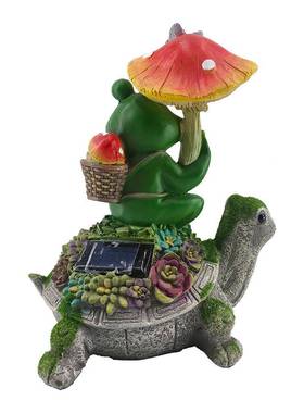 青蛙撑蘑菇伞坐多乌龟上摆件树脂工艺品庭院太阳饰能肉动QY211118