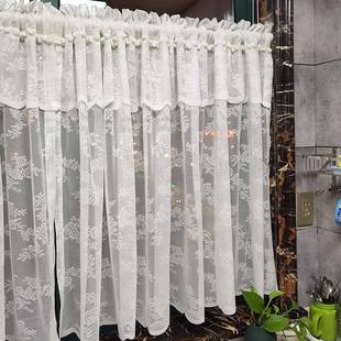 白色厨蕾遮光纱帘房飘窗丝短帘半门帘251免打帘孔自粘魔术贴田园