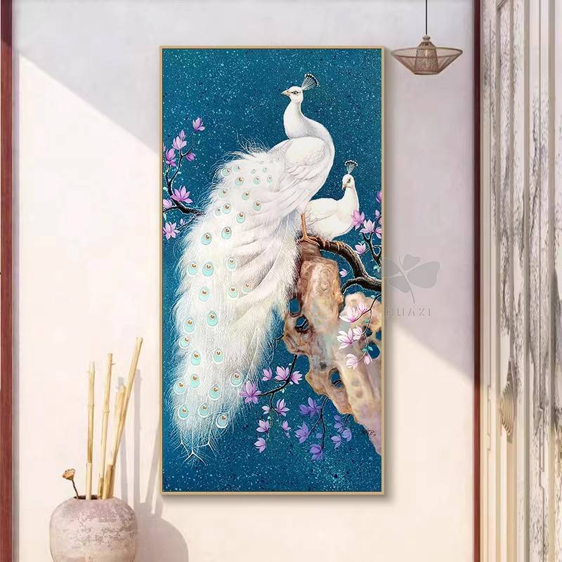 入户玄关白色双孔雀手绘油画客厅花鸟图装饰画新中式国风竖版挂画图片