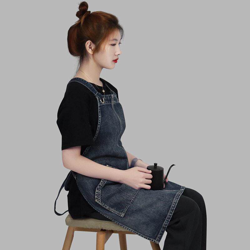 新款直销外贸纯棉水洗牛仔围裙定制logo画室美术生餐厅服围裙定做