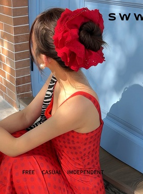 SWW/重工特大号复古蕾丝发圈花边气质手工红色显瘦时尚法式发圈