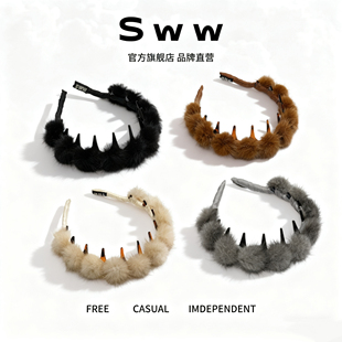 SWW/高颅顶真毛显发量秋冬毛球不压发毛绒气质网红发箍