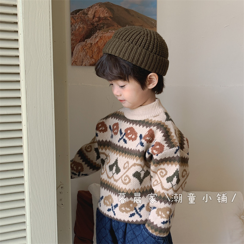 暮晨家新款冬装2023男童半高领花毛线衣中小童森系复古奶奶风毛衣