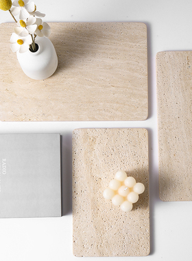 侘寂风天然洞石托盘复古大理石装饰摆件耳环珠宝陈列板饰品置物盘