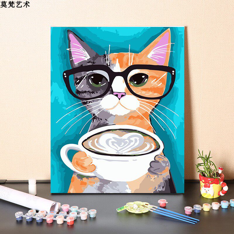 数字油画diy手工填充趣味彩色可爱小猫儿童填色手绘涂色油彩画画