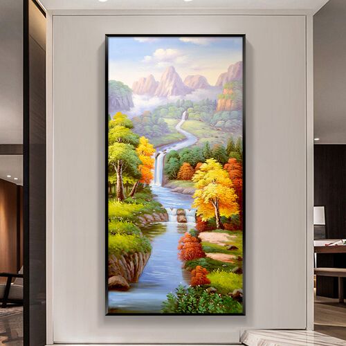 聚宝盆入户玄关装饰画走廊壁画寓意好竖版挂画山水风景画轻奢油画