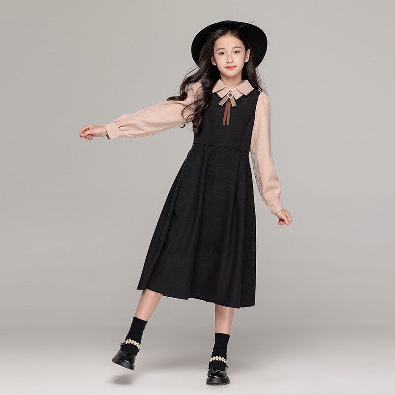 女童红色连衣裙春装中大童假两件学院风长裙儿童加绒冬裙新年衣服