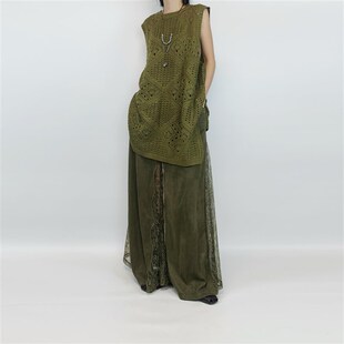 宽松蕾丝拼接松紧腰拖地半裙 背心裙 尢系UXI 植物系镂空钩花无袖