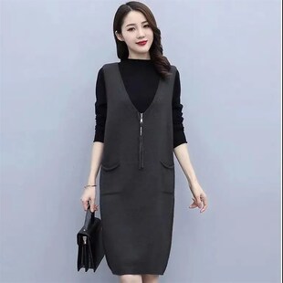 V领马甲连衣裙女中长款春秋新款2023年宽松针织打底无袖马甲裙潮