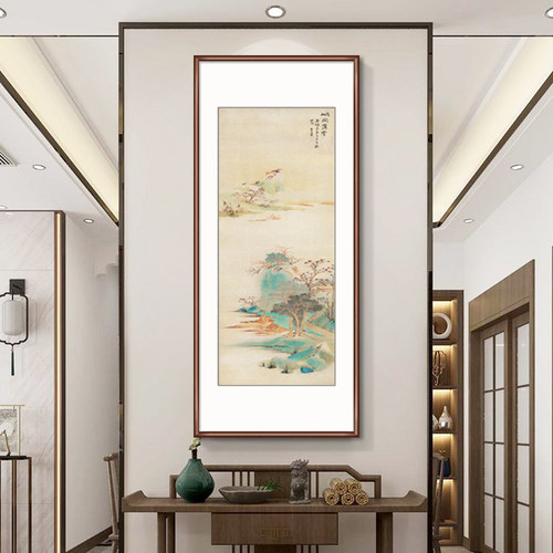 张大千装饰画新中式玄关山水挂画竖版走廊过道壁画招财中国风国画
