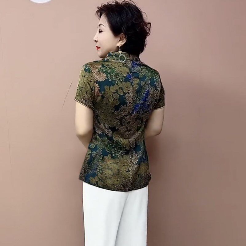 夏季中老年真丝复古旗袍衫修身显瘦小个子妈妈装短款立领短袖上衣