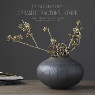 新中式古铜色流釉陶罐花瓶摆件样板间入户玄关黑色陶瓷花插花器