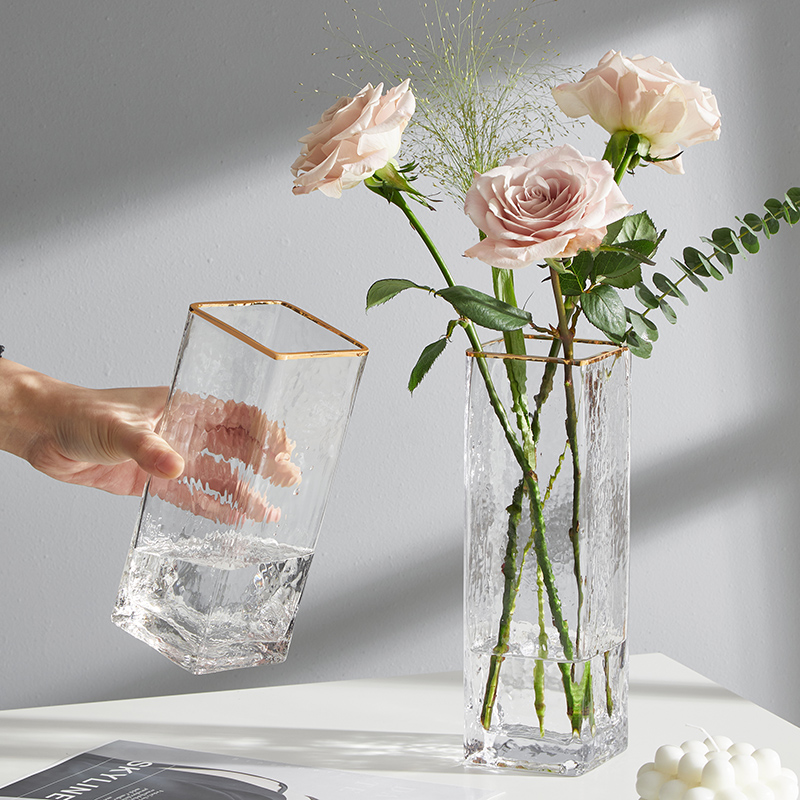 网红轻奢冷文玻璃花瓶透明方缸水养鲜花玫瑰客厅餐桌插花花器摆件