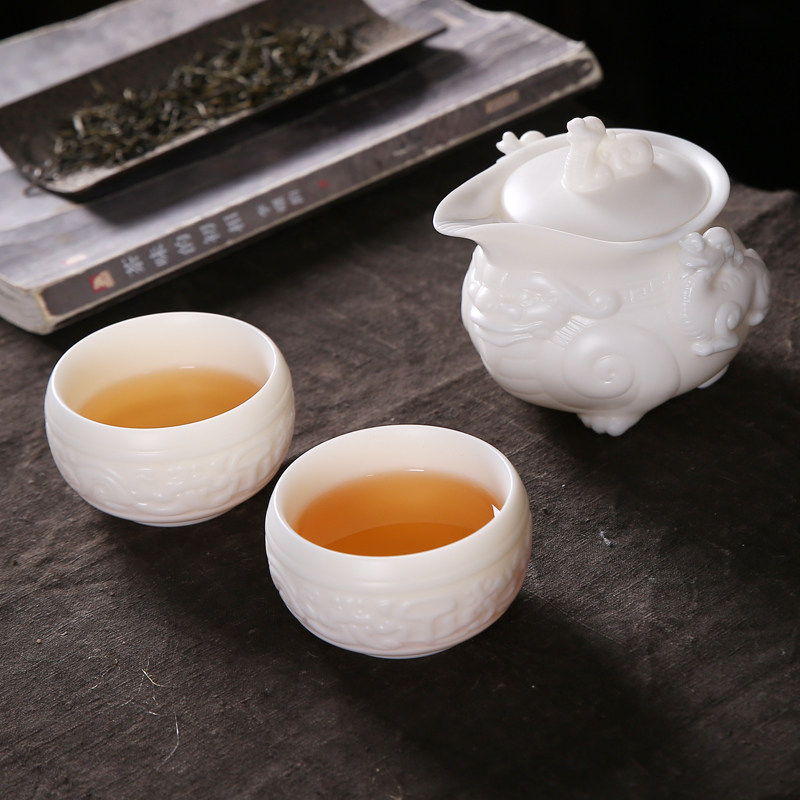 唐舍貔貅羊脂玉瓷白瓷快客杯一壶两杯茶壶中式家用便携式旅行茶具